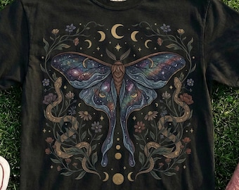 Boho Luna Moth Shirt, Cottagecore Floral Snake Nature Lover Sweatshirt, Vintage Moon Phase Sweater