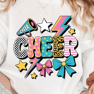 Preppy Cheer PNG Bundle, 5 Colorful Bow-Pom Mom Cheerleader Designs, Retro Game-Day Sublimation Clipart for Shirts & Team Spirit Crafts
