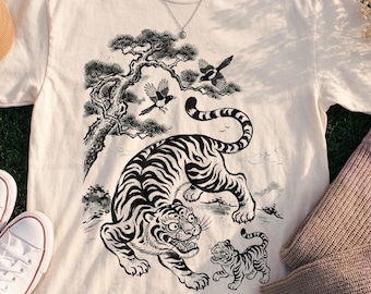 Vintages koreanisches Minhwa Tiger T-Shirt, Hojakdo Volkskunst koreanisches Elster Wildtiere Sweatshirt