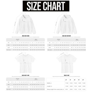 K&ouml;nnte beinhalten: Eine wei&szlig;e Gr&ouml;&szlig;entabelle mit dem Text "SIZE CHART" oben. Die Tabelle enth&auml;lt Ma&szlig;e f&uuml;r Unisex-Hoodies, Sweatshirts, T-Shirts und T-Shirts f&uuml;r Kleinkinder. Die Ma&szlig;e sind in Zentimetern angegeben.