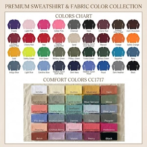 K&ouml;nnte beinhalten: Farbtabelle f&uuml;r Premium-Sweatshirts und Stoffe. Enth&auml;lt eine gro&szlig;e Auswahl an Farben wie Lila, Rosa, Rot, Gr&uuml;n, Blau und Schwarz. Zeigt auch Comfort Colors CC1717-Optionen, darunter Wei&szlig;, Elfenbein und verschiedene Gr&uuml;n- und Blaut&ouml;ne.
