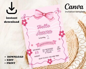 Editable Kitty Birthday Invitation, Pink Kawaii Cat Party Announcement (Canva Template)