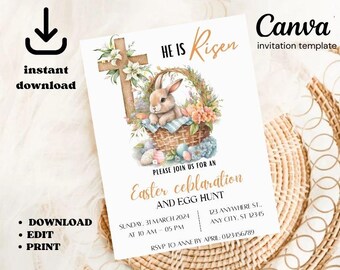 He Is Risen Easter Invitation: Bunny & Cross, Egg Hunt (Canva Template)