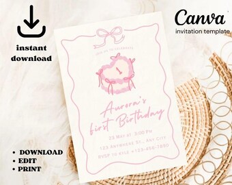 Coquette Bow 1st Birthday Invitation: Blush Pink Template (Digital Download)