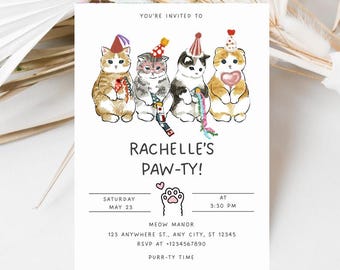 Kitten Cat Birthday Invitation, Editable Printable Canva Digital Invite