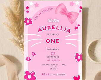 Pink Kitty First Birthday Invitation | Editable Canva Template (Digital Download)