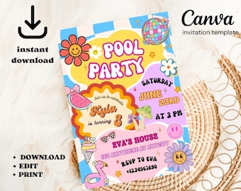 Preppy Pool Party Invitation: Editable Girl Birthday Template (Digital Download)