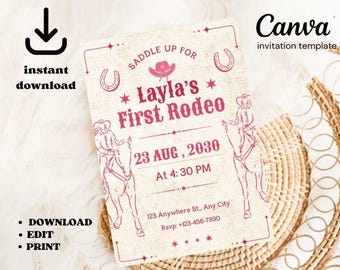First Rodeo Birthday Invitation: Cowgirl Wild West Theme (Digital Download)