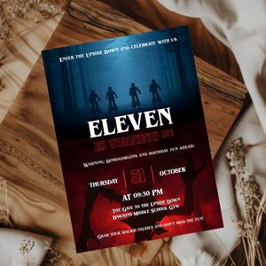 May include: A party invitation with a dark blue and red theme. The invitation features the text "ELEVEN IS TURNING 10!" and silhouettes of people on bikes in a forest. The date is Thursday, October 31st at 9:30 PM.