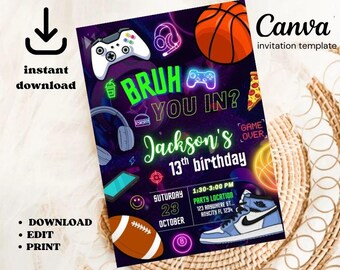Teen Gaming Birthday Invitation: Basketball, Pizza, Music (Canva Template)