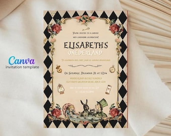 Alice in Wonderland Invitation, Birthday Invite, ONEDERLAND, Digital Vintage Template, 002