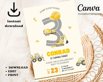 Construction Birthday Invitation: Dump Truck Party, Editable Canva Template (Digital Download)