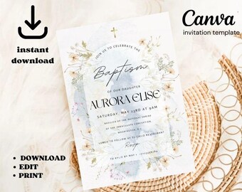 Wildflower Baptism Invitation Template: Dusty Pink Floral (Canva Editable)