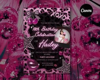 Pink Leopard 18th Birthday Invitation With polaroid picture | Y2K Glam Party (Printable)