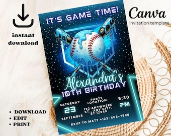 Baseball Ice Cream Birthday Invitation: Neon Drip Party (Editable Canva)