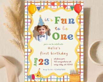 Fun to Be One Birthday Invitation, Colorful Boy First Birthday, Photo Invite (Digital Download)