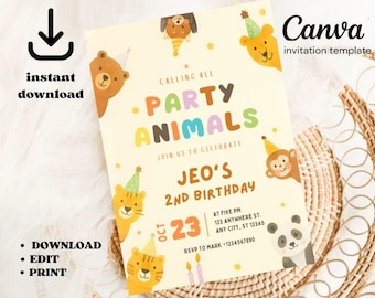 Party Animals Birthday Invitation: Kids Birthday Hats, Editable in Canva (Digital Download)