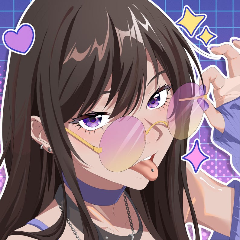 May include: Anime-style illustration of a person with long brown hair, purple eyes, and round, gradient-tinted glasses. The person is sticking out their tongue, wearing a choker, and a blue top. Decorative stars and a heart are in the background.