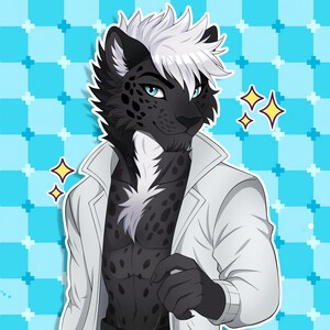 May include: Digital illustration of a anthropomorphic jaguar character with black fur, white hair, and blue eyes. The character wears a white lab coat and is set against a blue pixelated background. Yellow starbursts accent the image.