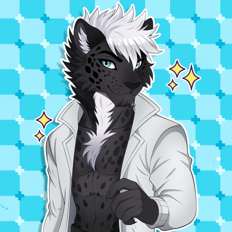 May include: Digital illustration of a anthropomorphic jaguar character with black fur, white hair, and blue eyes. The character wears a white lab coat and is set against a blue pixelated background. Yellow starbursts accent the image.
