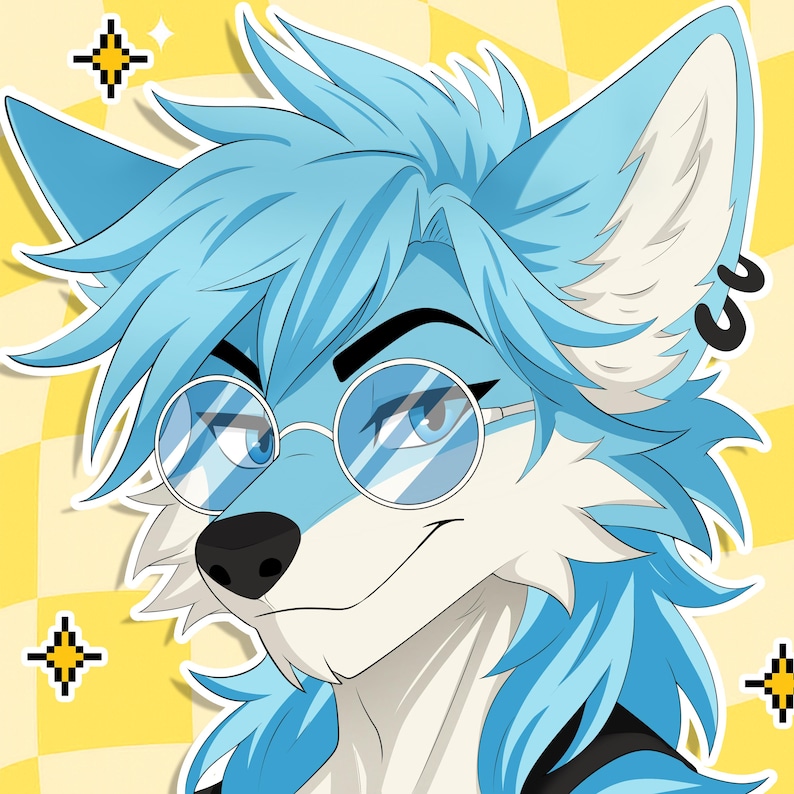 May include: A digital illustration of a blue anthropomorphic fox with light blue hair, wearing round glasses and a black earring. The background is yellow with a checkered pattern and starburst accents.