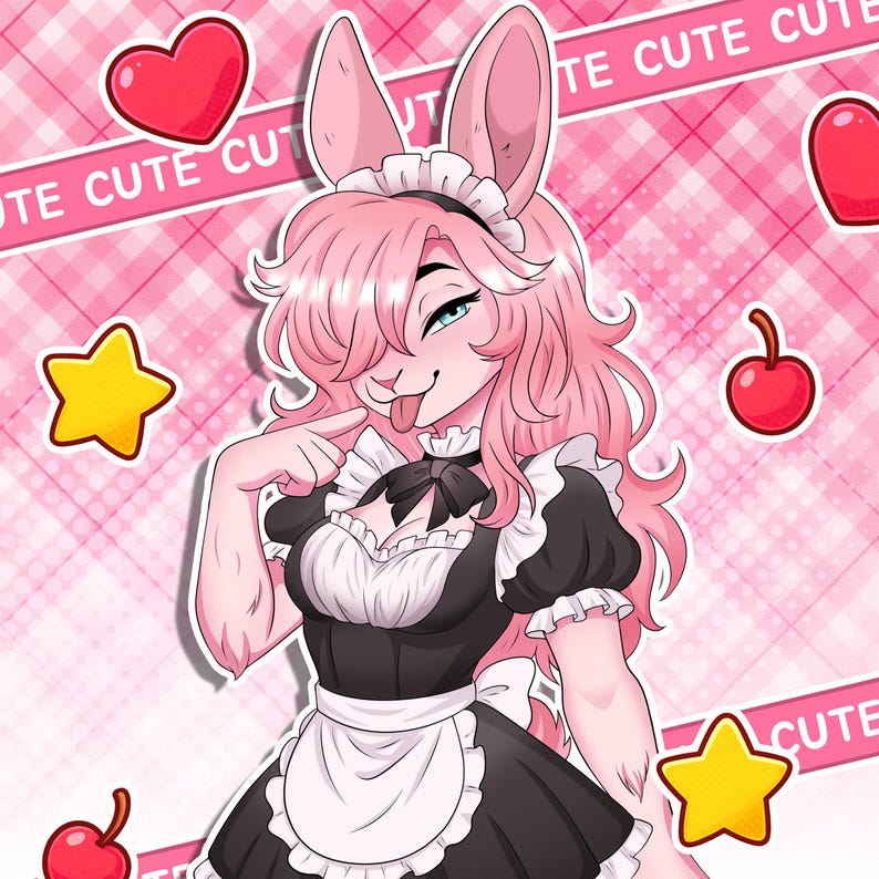 May include: Illustration of a pink-haired bunny girl in a black and white maid outfit, sticking out her tongue. The background features hearts, stars, and cherries, with text that reads "CUTE".