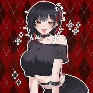 May include: Anime-style illustration of a person with black hair, red highlights, and red eyes. They wear a black off-the-shoulder top, a choker, and a skirt. The background is a red and black diamond pattern with white accents.