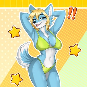 May include: A cartoon illustration of a blue anthropomorphic fox wearing a lime green bikini. The fox has blonde hair and is smiling with its arms behind its head. Yellow stars and exclamation points are in the background.