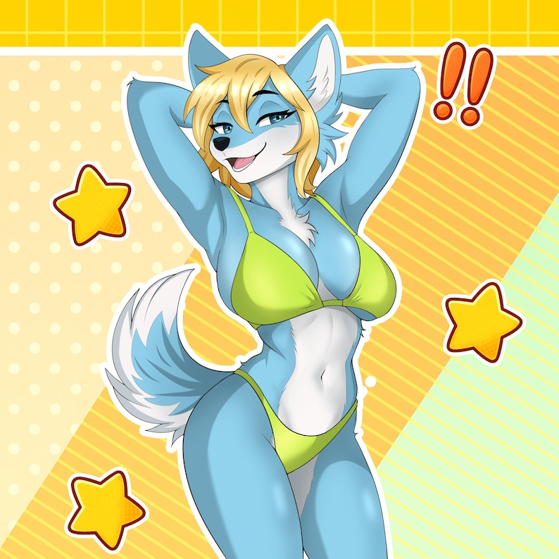 May include: A cartoon illustration of a blue anthropomorphic fox wearing a lime green bikini. The fox has blonde hair and is smiling with its arms behind its head. Yellow stars and exclamation points are in the background.