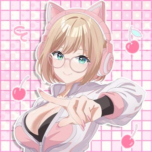 May include: Anime-style illustration of a person with blonde hair, wearing pink cat ear headphones and glasses. The person is wearing a white and pink jacket, with a black top underneath. Pink cherries and a pink grid background complete the image.