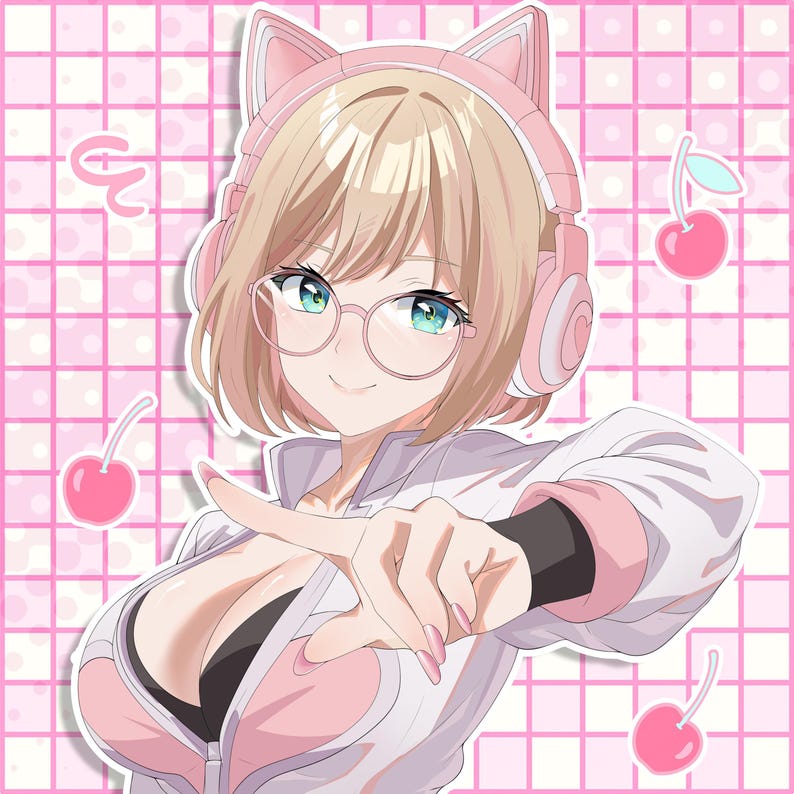 May include: Anime-style illustration of a person with blonde hair, wearing pink cat ear headphones and glasses. The person is wearing a white and pink jacket, with a black top underneath. Pink cherries and a pink grid background complete the image.