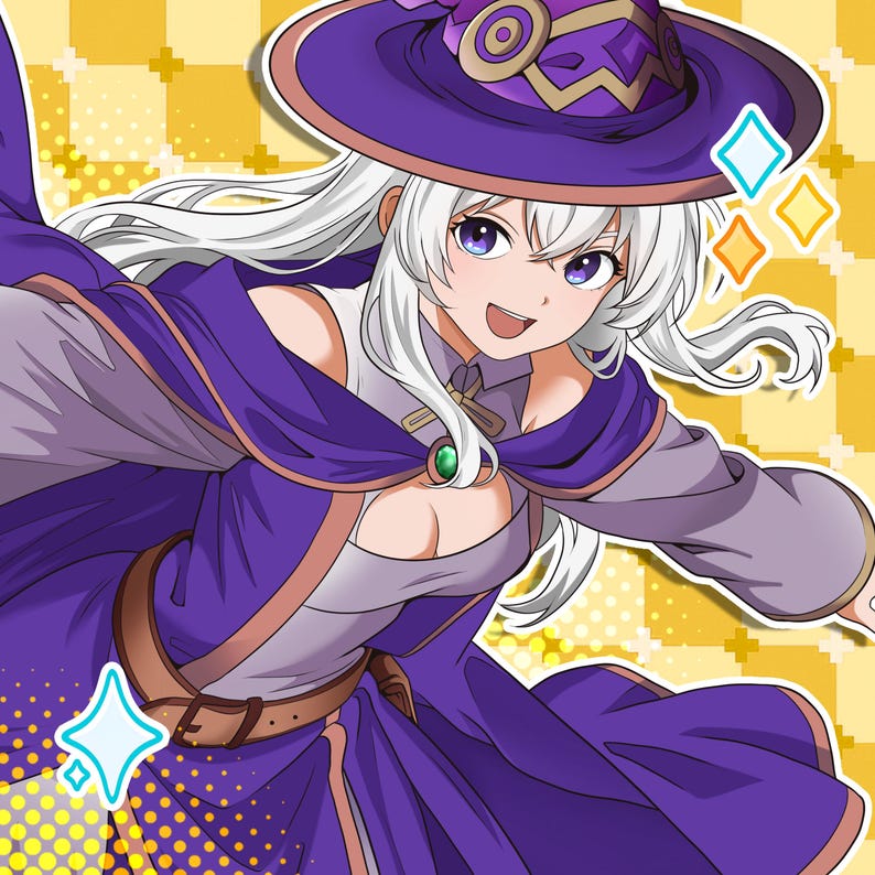May include: Illustration of a smiling anime-style character with white hair, wearing a purple witch hat and dress. The character has purple eyes and a green gem on the cape. The background is yellow with a grid pattern.