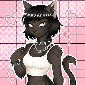 May include: An illustration of a black cat-like character with yellow eyes, wearing a white tank top, a spiked collar, and a silver chain necklace. The background is a pink grid with heart and star shapes.