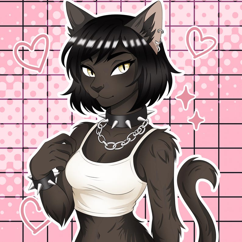 May include: An illustration of a black cat-like character with yellow eyes, wearing a white tank top, a spiked collar, and a silver chain necklace. The background is a pink grid with heart and star shapes.