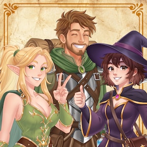 Puede incluir: Ilustración de tres personajes de fantasía sonrientes: un elfo de verde, un hombre con una mochila y una bruja de morado. El elfo tiene cabello rubio y ojos verdes. El hombre hace una señal de pulgar hacia arriba. La bruja lleva un sombrero.