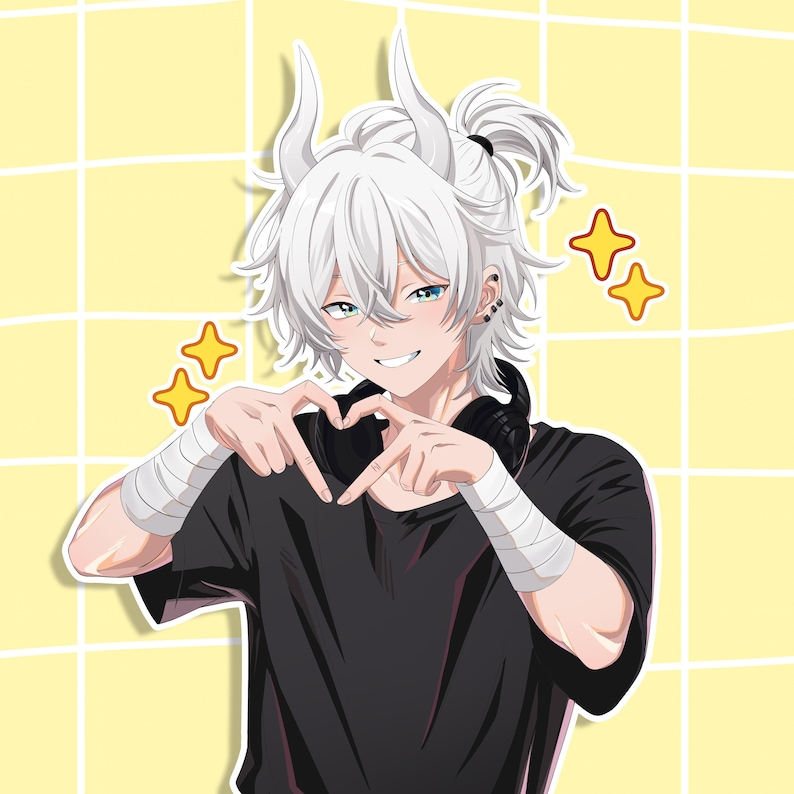 May include: Digital illustration of a smiling character with white hair, blue eyes, and small horns. The character is wearing a black shirt and making a heart shape with their hands. Two yellow stars are in the background.