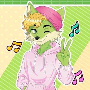 May include: Illustration of a green fox-like character winking and giving a peace sign. The character wears a pink hoodie and beanie, with blonde hair. Musical notes in yellow, teal, and pink are scattered around.