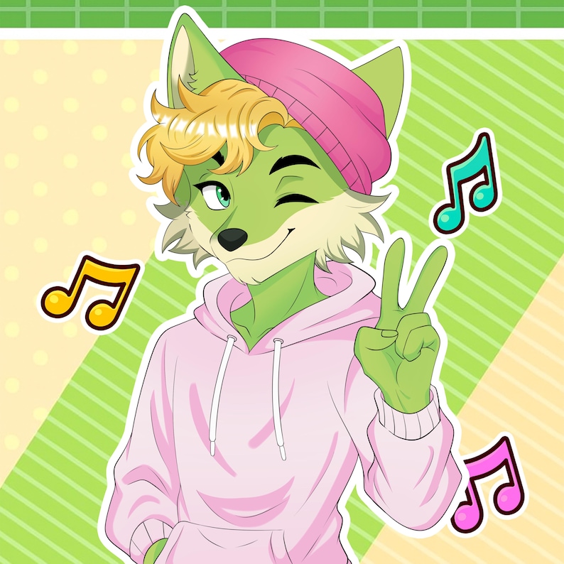 May include: Illustration of a green fox-like character winking and giving a peace sign. The character wears a pink hoodie and beanie, with blonde hair. Musical notes in yellow, teal, and pink are scattered around.