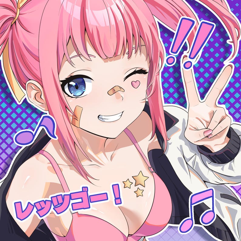 May include: Anime-style illustration of a smiling character with pink hair in pigtails, wearing a pink top and a black and white jacket. The character is giving a peace sign and winking. The image includes musical notes and Japanese text.