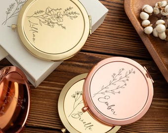 Custom Bridesmaids Gifts Pocket Makeup Mirror Set,Engraved Name Compact Mirror,Elegant Bridal Shower Gift,Bridesmaid Thank You Gift For Her