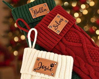2025 Engraved Leather Patch Christmas Stockings,Family Stocking With Name,Knitted Holiday Stockings,2025 Christmas Gift,Holiday Decor Gifts