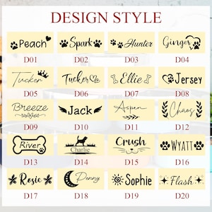 Puede incluir: Una selecci&oacute;n de estilos de dise&ntilde;o, cada uno con un nombre &uacute;nico y elementos decorativos. Los dise&ntilde;os incluyen nombres como "Peach", "Spark", "Hunter" y "Ginger", junto con otras opciones, todo en una fuente clara y legible.