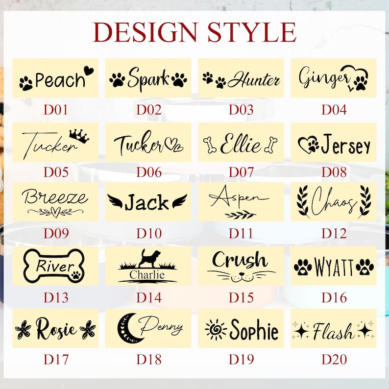 Puede incluir: Una selecci&oacute;n de estilos de dise&ntilde;o, cada uno con un nombre &uacute;nico y elementos decorativos. Los dise&ntilde;os incluyen nombres como "Peach", "Spark", "Hunter" y "Ginger", junto con otras opciones, todo en una fuente clara y legible.
