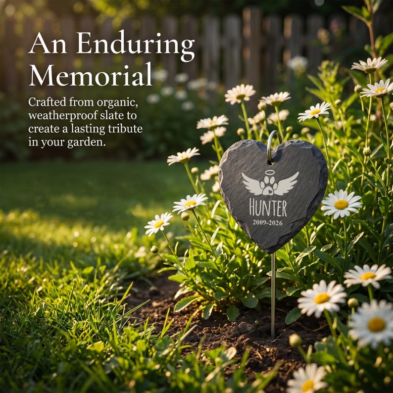 May include: A heart-shaped, dark gray slate memorial marker with the name "Hunter" and dates 2009-2026, featuring a paw print with wings design. The marker is in a garden with daisies and green grass.