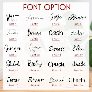 Puede incluir: Un gr&aacute;fico que muestra varias opciones de fuente para la personalizaci&oacute;n de texto. El t&iacute;tulo "FONT OPTION" est&aacute; en la parte superior. Cada fuente se muestra con un nombre de muestra y un n&uacute;mero de fuente, incluyendo Wyatt, Aspen, Josie, Hunter, Tucker, Bowen, Cash, Zeke, Ginger, Logan, Denali, Ellie, Shiloh, Ripley, Crush, Jack, Jersey, River, Scout y Charlie.