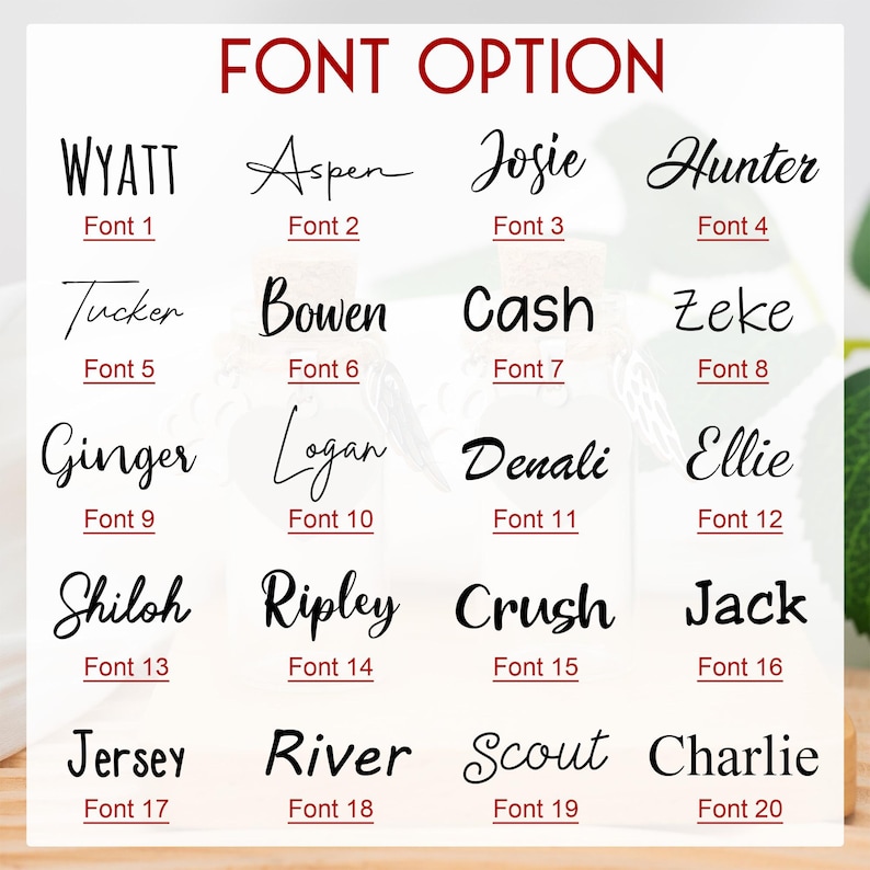 Puede incluir: Un gr&aacute;fico que muestra varias opciones de fuente para la personalizaci&oacute;n de texto. El t&iacute;tulo "FONT OPTION" est&aacute; en la parte superior. Cada fuente se muestra con un nombre de muestra y un n&uacute;mero de fuente, incluyendo Wyatt, Aspen, Josie, Hunter, Tucker, Bowen, Cash, Zeke, Ginger, Logan, Denali, Ellie, Shiloh, Ripley, Crush, Jack, Jersey, River, Scout y Charlie.