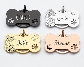 Gepersonaliseerde hondenpenning,aangepast hondenidentificatieplaatje bot,roestvrijstalen naamplaatje voor puppy,Hondenhalsbandlabel,ID-tag schattig huisdier,Gegraveerde hondennaamkaartjes in botvorm,,