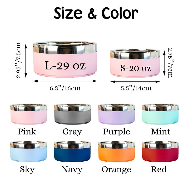Puede incluir: Una selecci&oacute;n de cuencos para mascotas en varios colores, incluyendo rosa, gris, morado, menta, azul cielo, azul marino, naranja y rojo. Los cuencos tienen un borde de acero inoxidable y una base de color. Tama&ntilde;os: L-29 oz y S-20 oz.