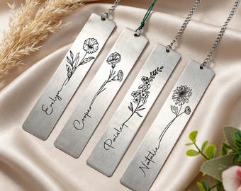Marque-page personnalisé avec fleur de naissance, cadeau d'anniversaire personnalisé pour amoureux des livres, marque-page prénom gravé, cadeau fleur de naissance pour elle, cadeau de demoiselle d'honneur