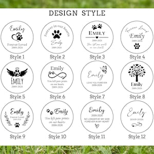 May include: A collection of twelve circular designs, each featuring the name "Emily" and the years "2009-2026." The designs include paw prints, hearts, angel wings, and other decorative elements. The text "Design Style" is at the top.